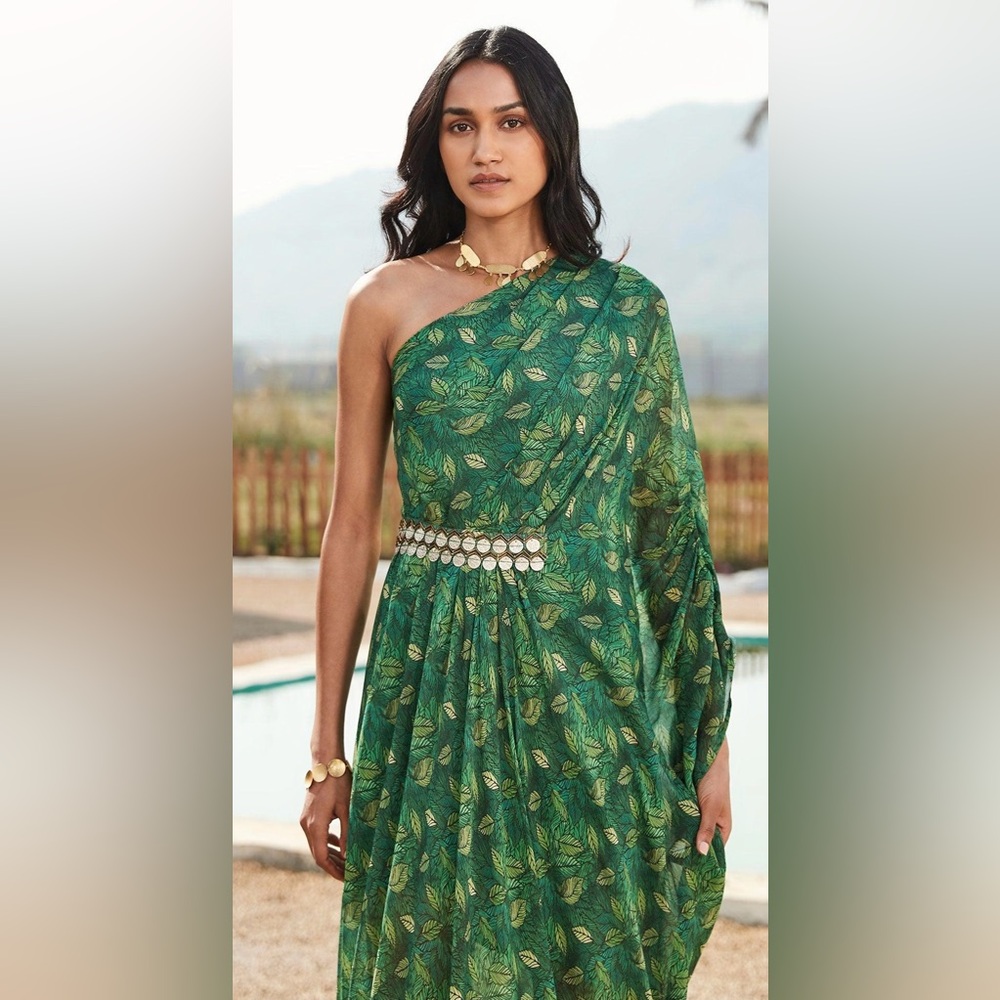 Basante Green Georgette Kaftan Dress M